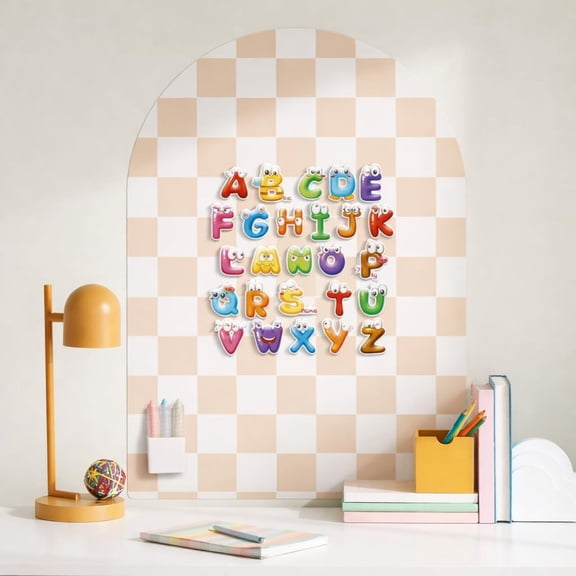 Magnetic Wall Decal Chalkboard, 24" x 40" Arch Peel & Stick Felt Magnetic Board, Wall-Safe Removable Reusable, Beige & White Checkered Playroom Home Office Decor