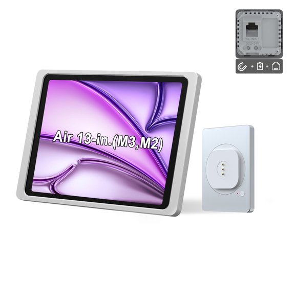EMONITA Magnetic Wall Mount with POE and DC up to 18W Fast Charging Case for iPad Air 13-Inch (M2/ M3) Strong Magnets 360 Rotation - Silver (2025)