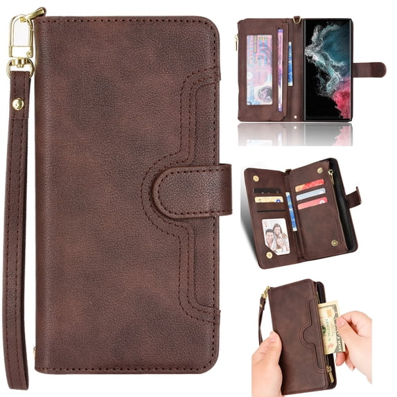 Magnetic Wallet Case Designed for Samsung Galaxy Xcover 5 Case, PU Leather Zipper Folio Protective Case with Magnetic Closure & Card Holder & Crossbody Strap for Samsung Galaxy Xcover 5,Brown