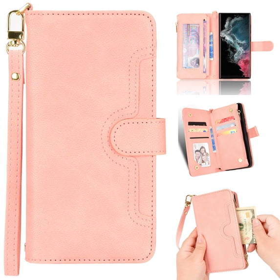 Magnetic Wallet Case Designed for Samsung Galaxy Xcover 5 Case, PU Leather Zipper Folio Protective Case with Magnetic Closure & Card Holder & Crossbody Strap for Samsung Galaxy Xcover 5,Pink