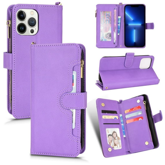 Magnetic Wallet Case Designed for iPhone 14 Pro Max Flip Case, PU Leather Zipper Folio Protective Case with Magnetic Closure and Card Holder with Crossbody Strap for iPhone 14 Pro Max, Purple