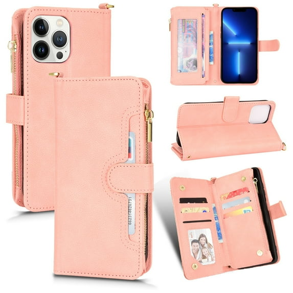 Magnetic Wallet Case Designed for iPhone 14 Pro Max Flip Case, PU Leather Zipper Folio Protective Case with Magnetic Closure and Card Holder with Crossbody Strap for iPhone 14 Pro Max, Pink