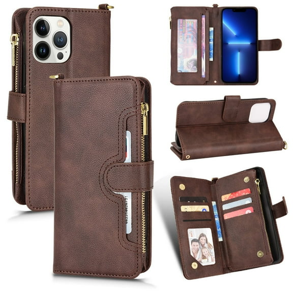 Magnetic Wallet Case Designed for iPhone 14 Pro Max Flip Case, PU Leather Zipper Folio Protective Case with Magnetic Closure and Card Holder with Crossbody Strap for iPhone 14 Pro Max, Brown