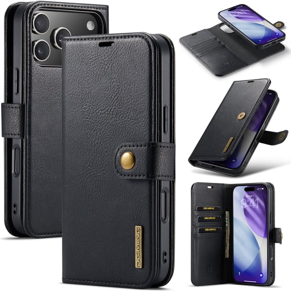 Magnetic Wallet Case for iPhone 17 Pro Max with Card Holder, Detachable Leather Kickstand Case with Card Slots - 6.9 inch (Black)