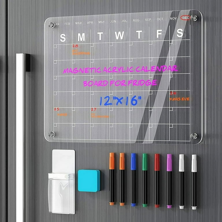 Acrylic Magnetic Dry Erase Board Calendar for Fridge 2 Pcs, 16x12 Clear  Acrylic Dry Erase Board for Refrigerator, Reusable Magnetic Monthly Planner  and Whiteboard 