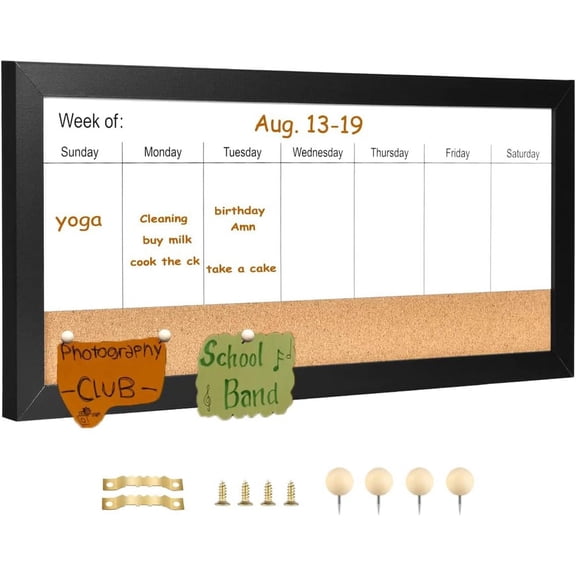 Magnetic Weekly Dry Erase White Board and Cork Board, Black Wood FrameMagnetic Surface Whiteboard for Home Office and Wall Decor(ZHZL-2040BK)