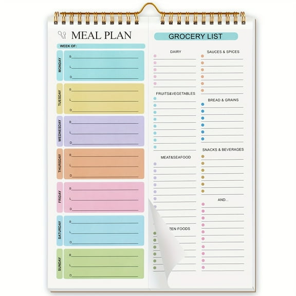 Magnetic Weekly Meal Planner Pad with Grocery List - 50 Sheets, Adults Meal Planning Notepad with Double Spiral, Perforated Shopping List, Fridge/Wall Mountable