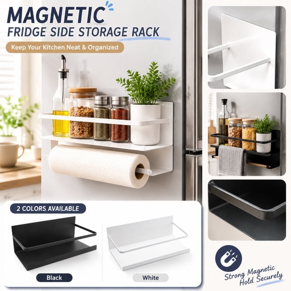 Magnetic White Fridge Kitchen Storage Rack, Shelf Organizer, Storage Rack, Kitchen Organizer, 9X4 Inch Fridge Side Mounted Metal Shelf Rack, No-Drill Easy to Install Metal Shelf