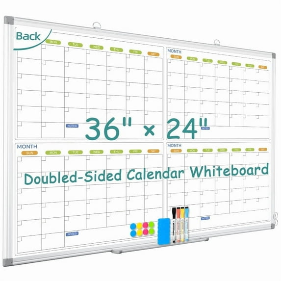 Magnetic Whiteboard Calendar Dry Erase Whiteboard 4 Month White Board Calendar 36" x 24" Wall Mount 4 Monthly Calendar Whiteboard Magnetic Office Supplies for Office Home, Sliver