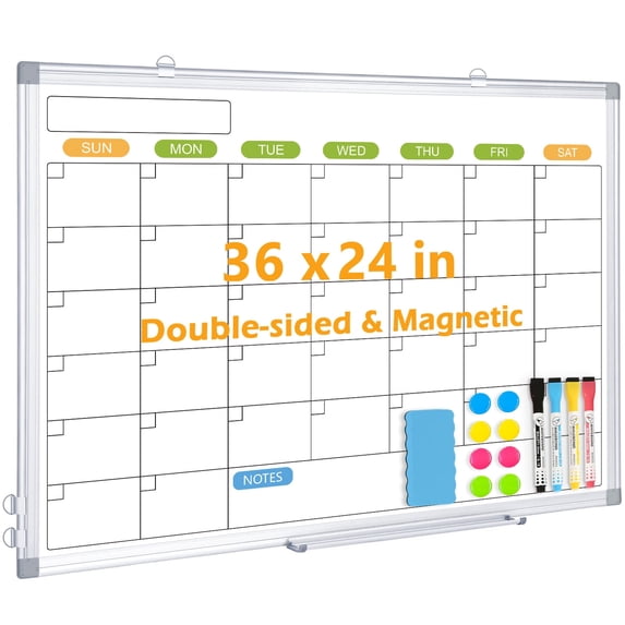 DOLLAR BOSS Magnetic Calendar Whiteboard for Wall Dry Erase Board 36"x24" Planner Board Double Sided White Board with Markers Magnets Eraser, Silver Aluminium Frame