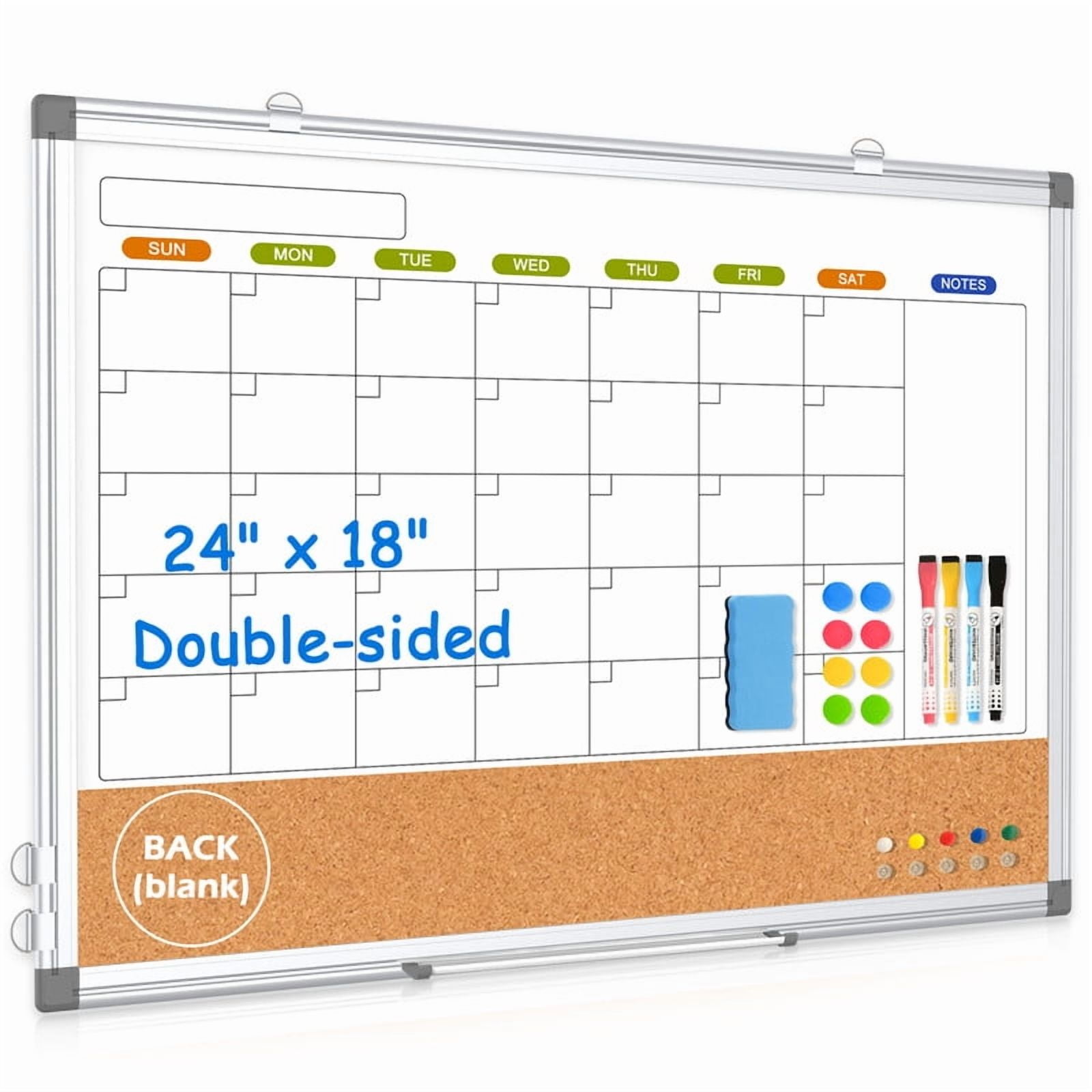 Magnetic Whiteboard Calendar Whiteboard Dry Erase Cork Board Combination 24" x 18" Double-Sided Monthly White Boar for Wall, Magnetic Dry Erase Board Magnetic Calendar Board for Wall, Sliver Frame