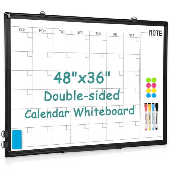 DOLLAR BOSS Large Dry Erase Board 46.5 X 34.5 Inches Magnetic Double Sided Whiteboard Calendar Whiteboard for Wall Calendar Board Schedule White Board Planner White Board with Markers, Black Frame