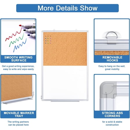 Magnetic Whiteboard & Cork Board Combo – 36"x24" Wall Mounted Dry Erase Message & Bulletin Board for Home, School & Office