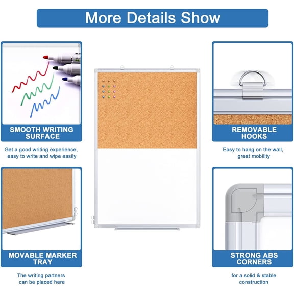 Magnetic Whiteboard & Cork Board Combo – 36"x24" Wall Mounted Dry Erase Message & Bulletin Board for Home, School & Office