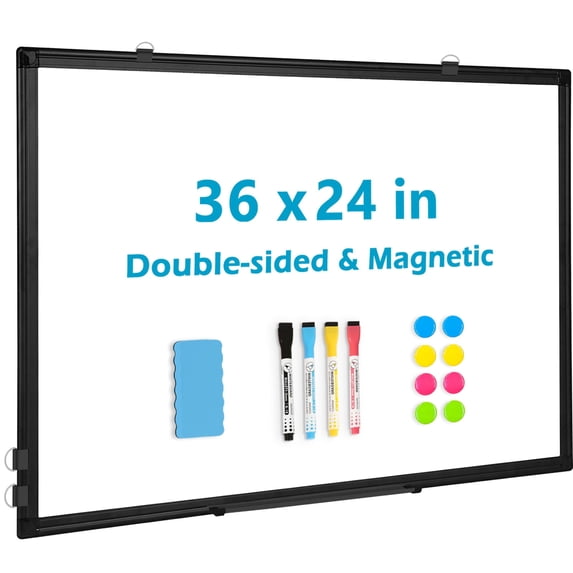 DOLLAR BOSS Magnetic Whiteboard Double-Sided Dry Erase Board for Wall, 36 X 24 Inches, Wall Mounted White Board with Pen Tray, Includes 1 Eraser & 4 Markers & 8 Magnets, Black Aluminium Frame