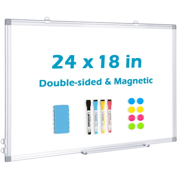 Magnetic Whiteboard Dry Erase Board 24 X 18 Inches, Double-Sided White Board with Pen Tray Office Board for Wall,Silver Aluminium Frame,Includes 1 Eraser & 4 Markers & 8 Magnets