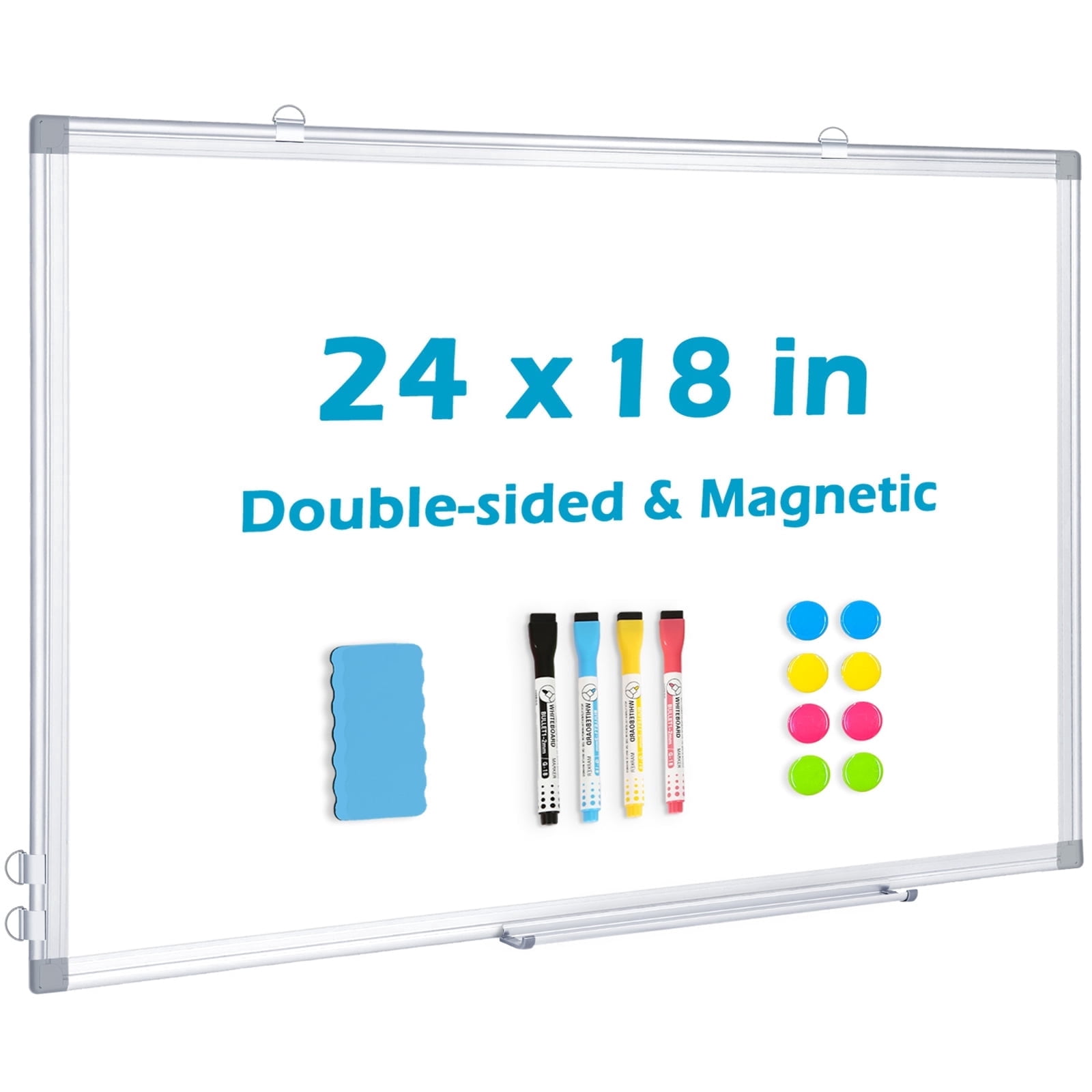 DOLLAR BOSS Magnetic Whiteboard Dry Erase Board 24“x18” Double-Sided Whiteboard for Wall Writing Board for Office Home School , Includes 1 Eraser & 4 Markers & 8 Magnets, Silver Aluminium Frame