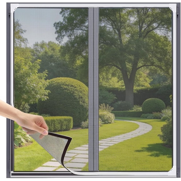 Magnetic Window Screen 32"x23", DIY Easy Install Mesh Bug Protection for House Windows White Frame Grey Mesh