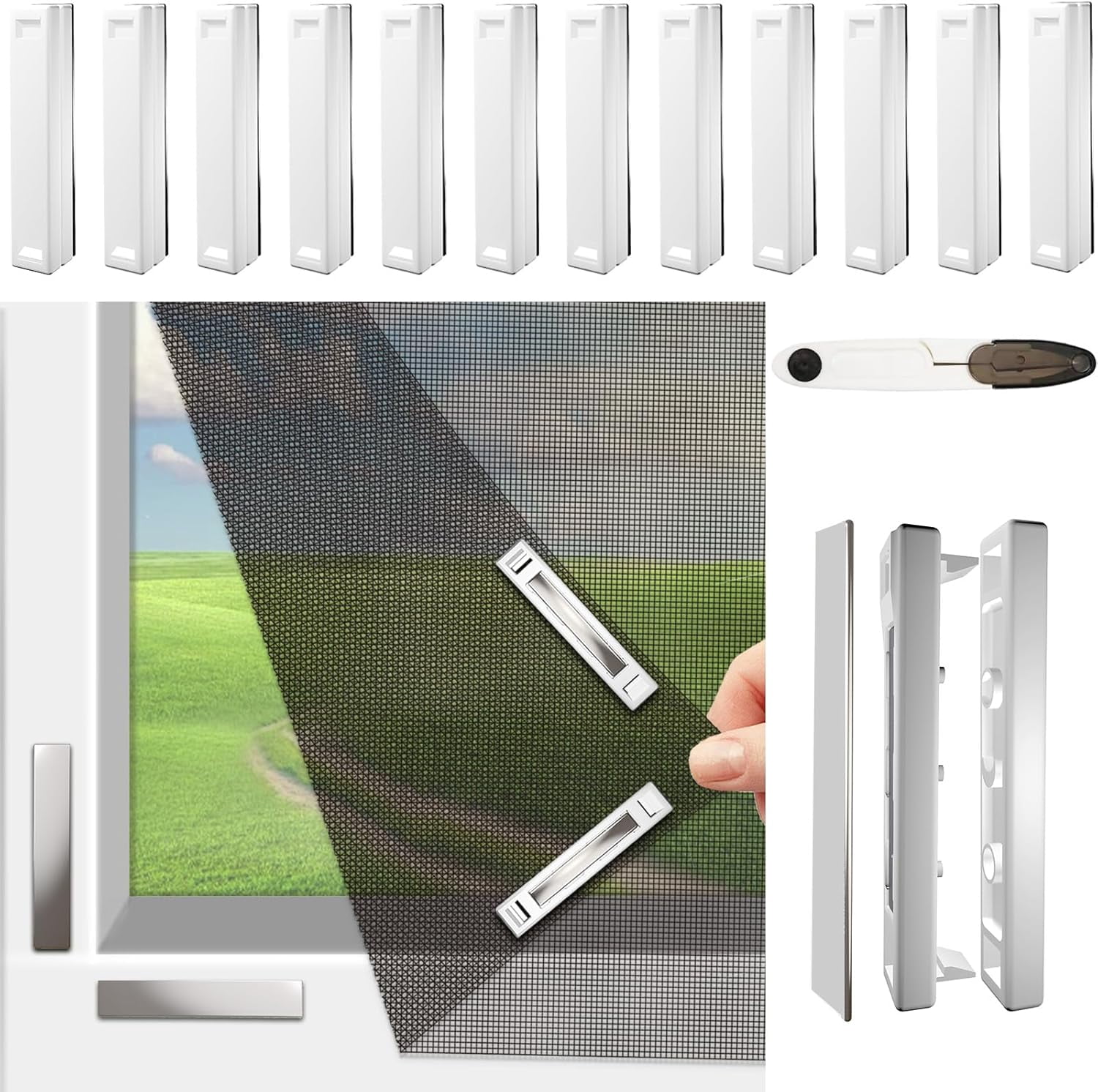 Hidden Fastner Insect Screen System Magnetic Window Screen, Adjustable DIY Window Net Max 59” x 51” with ...