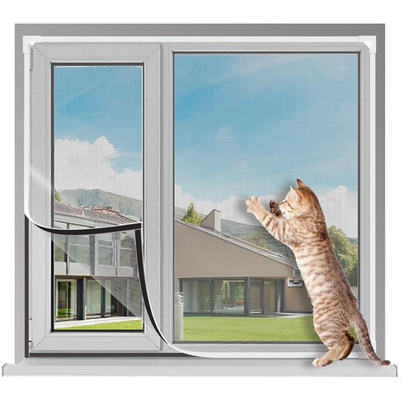 Magnetic Window Screen Adjustable DIY Window Net Screens Mesh Max 39 x 59 Fiberglass Mesh for House Windows with White Frames Grey Mesh