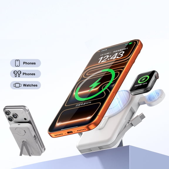 Magnetic Wireless 10000mAh Portable Power Pack,20W Power Bank with Built in Cable, Foldable Stand, Fast Charging for Magsafe Battery Pack for iPhone 17/16/15/14/13/12