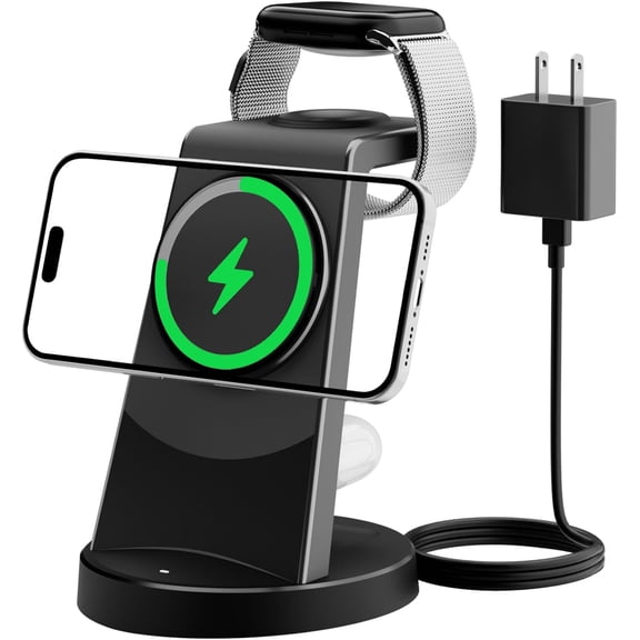 Magnetic Wireless 3in1 Charging Station: 15W Wireless Quick Charger Stand for iPhone 17 16 15 14 13 12 Pro Max for Apple Watch Series for AirPods 4 3 2 Pro Fast Charging Dock (30W Adapter Included)