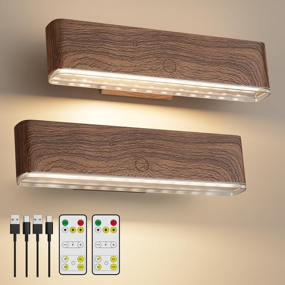 Magnetic Wireless Battery Operated Wall Sconce, 2-Pack  Rechargeable with Remote & Touch Control, 3-Color LED, 360 Rotatable, Walnut