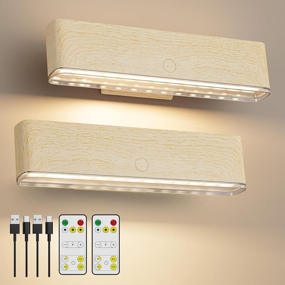 Magnetic Wireless Battery Operated Wall Sconce, Rechargeable with Remote & Touch Control, 3-Color LED, 360 Rotatable, Beech (2-Pack)
