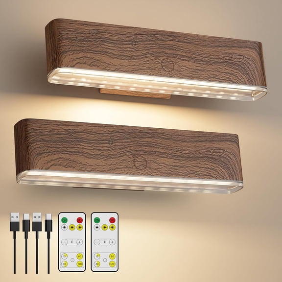 Magnetic Wireless Battery Operated Wall Sconce, Rechargeable with Remote & Touch Control, 3-Color Temperature LED, 360 Rotatable, Walnut (2-Pack)
