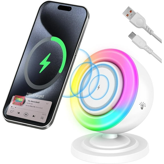 Magnetic Wireless Charger with Bluetooth Speaker and Night Lights, 4 in 1 Charger Stand for iPhone 12-16 Series,Charge While Listening to Music with RGB Lights for Home Decor, Bedroom, Office Charger