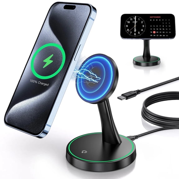 15W Fast Magnetic Wireless Charger Stand, Strong Magnet Auto‑Align Charging Station Pad, Compatible with iPhone 17/16/15/14/13/12 Series & AirPods, Black