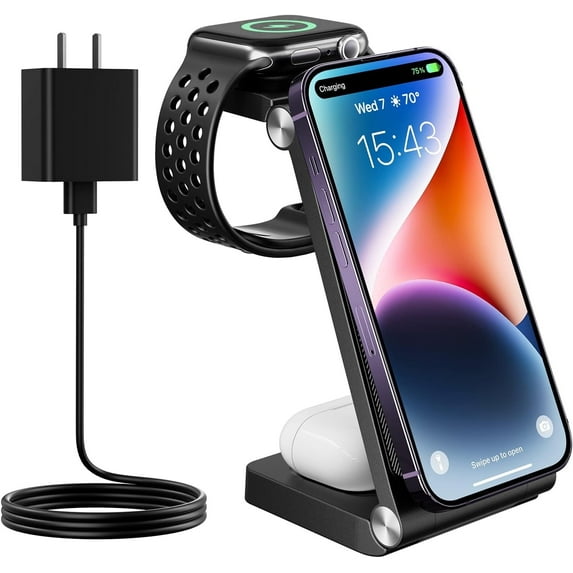 Magnetic Wireless Charger Station, 3 in 1 Foldable 18W fast Wireless Charger,Travel Charger for Multiple Devices fit for iPhone 16/15/14/13/12 Plus Pro Max, iWatch & Airpods, Black (with Adapter)