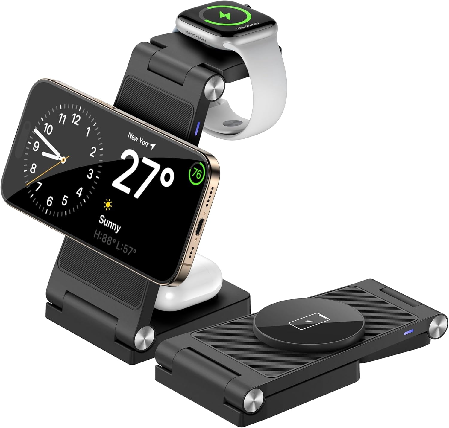 Magnetic Wireless Charger Stand, 3 in 1 Foldable Wireless Charging Station, Travel Charger for Multiple Devices for iPhone 16 15 14 13 12 Series, Apple Watch Ultra/9/8/7/6/5/4/3/2, AirPods,Black