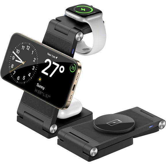 Magnetic Wireless Charger Stand, 3 in 1 Foldable Wireless Charging Station, Travel Charger for Multiple Devices for iPhone 16 15 14 13 12 Series, Apple Watch Ultra/9/8/7/6/5/4/3/2, AirPods,Black