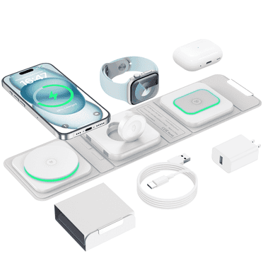 Magnetic Wireless Charger for iPhone - 3 in 1 Foldable Charging Station for iPhone 15 14 13 12 Pro Max Plus iwatch Watch & Airpods (White)