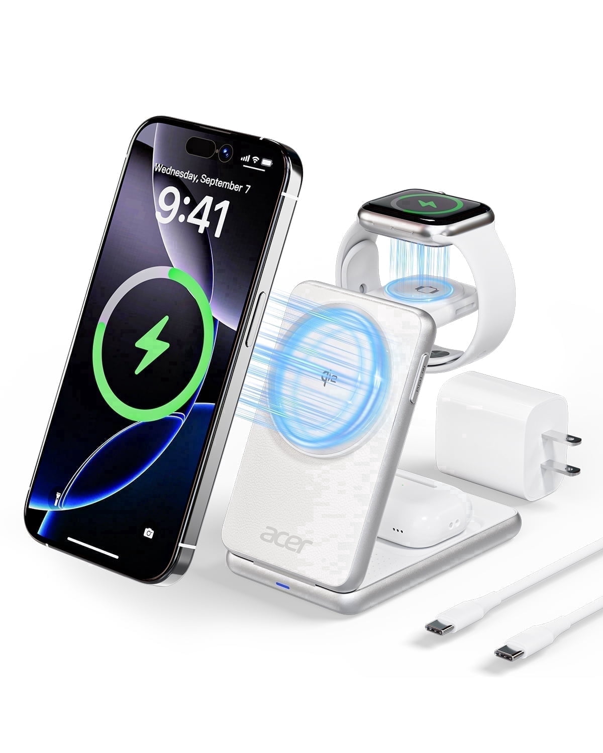 Acer 3 in 1 Charging Station, 15w Fast Wireless Charger, Compatible for Multiple Devices Apple - iPhone 17 16 15 14 13 12, Apple Watch Series and AirPods