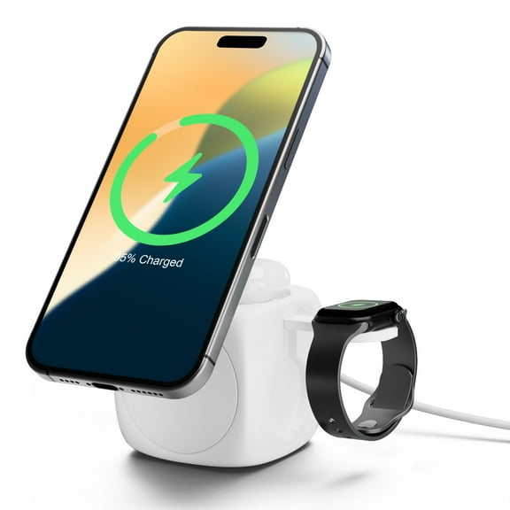 Magnetic Wireless Charger for iPhone Airpods iWatch, Portable 3 in 1 Charging Station Cube For Apple Multiple Devices, Charging Pad Dock Compatible with Apple 12 and above series, White