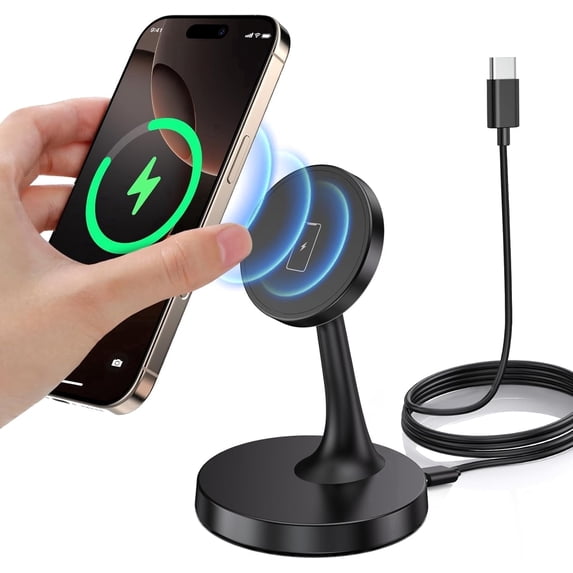 Wtuhu 15W Fast Magnetic Wireless Charger Stand, Strong Magnet Auto‑Align Charging Station Pad, Compatible with iPhone 17‑12 Series & AirPods