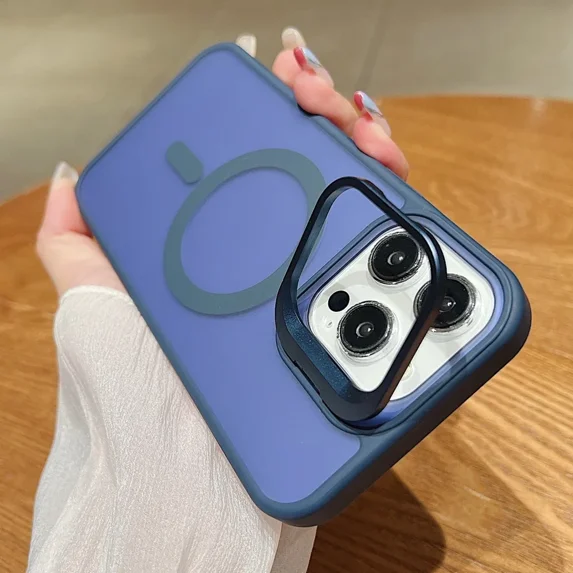 Magnetic Wireless Charging Matte Phone Case for iPhone 12 13 Mini 11 14 15 16 Pro Max Plus Metal Flip Lens Bracket Magsafe Cover Blue for iPhone 14Plus