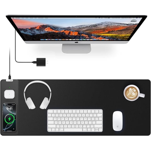 Magnetic Wireless Charging Mouse Pad, 27.5"x11.8" Gaming Desk Mat for Keyboard/Laptop, Non-Slip Base & 20W PD Adapter, Waterproof Smooth Desk Writing Pad for Gamer, Office & Home, Black