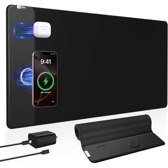 Magnetic Wireless Charging Mouse Pad, 31.5"x15.8" Large Gaming Desk Mat for Keyboard/Laptop, Non-Slip Base & 20W PD Adapter, Waterproof Ultra-Smooth Surface Mousepad for Gamer, Office & Home, Black