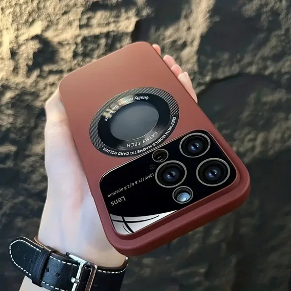 Magnetic Wireless Charging Phone Case Large Window Glass Anti-Lens Dust For IPhone 13 PRO Hard Case Matte Touch(Brown)