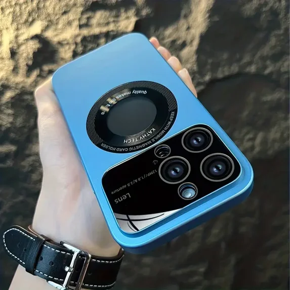 Magnetic Wireless Charging Phone Case Large Window Glass Anti-Lens Dust For IPhone 14 Hard Case Matte Touch(Sky Blue)