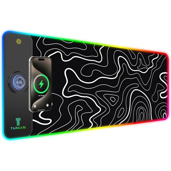 Magnetic Wireless Charging RGB Mouse Pad, Large Gaming Desk Mat Waterproof, 31.5"x15.8" Black Mousepad, Ultra-Smooth Surface, Non-Slip Rubber Base, Pad for Keyboard Laptop(Topographic)
