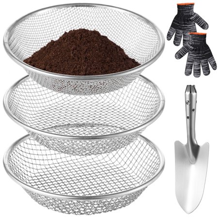 Bangcool 5 Pcs Garden Sifting Set, Deep Soil Screen Sifting Pan, 11.8 Inches Soil Sieves with Shovel & Gloves, Stainless Steel Fine Mesh Soil Sifter 4mm 6mm 8mm for Gardening Sand, Rocks, Weeds