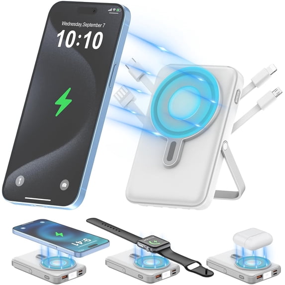 Magnetic Wireless Power Bank,10000mAh Magnetic Portable Charger for iPhone 15/14/13/12 Series,Compatible for Wireless and Wired Charging USB-C Battery Pack Fast Charging Power Bank, White