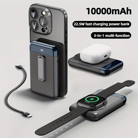 Magnetic Wireless Power Bank 10000mAh with LED Screen & Stand, 22.5W PD Fast Charging, Compatible with iPhone 16/15/14/12/11 Series & More