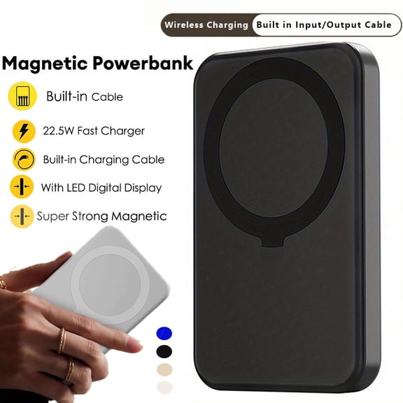 Magnetic Wireless Power Bank 20000mAh with 15W Wireless & 22.5W PD Fast Charging, Built-in Cables for iPhone 16/15/14 Android