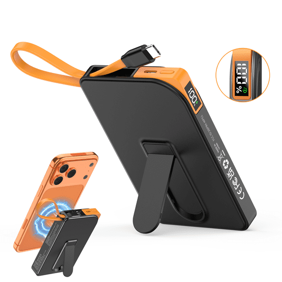 Magnetic Wireless Portable Charger, 10000mAh Power Bank 22.5W Fast Charging with USB C Cable&Stand, Battery Pack Compatible with iPhone 17/16/15/14/13 Series, Black