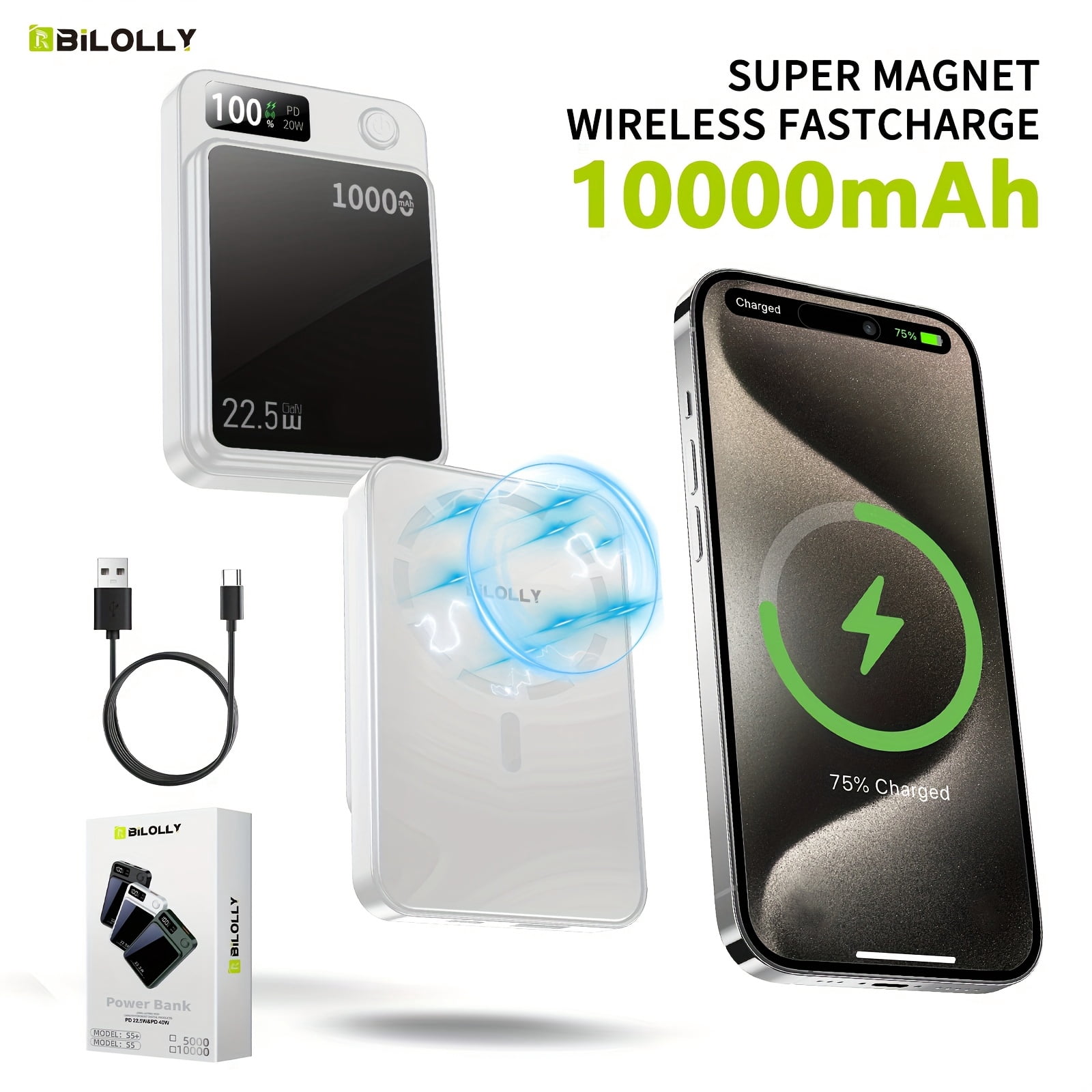 Magnetic Wireless Power Bank 5000/10000/15000mAh, 30W PD Fast & 15W Wireless Charger, Magnetic for iPhone 17-12 Series, Wired Charging for Android